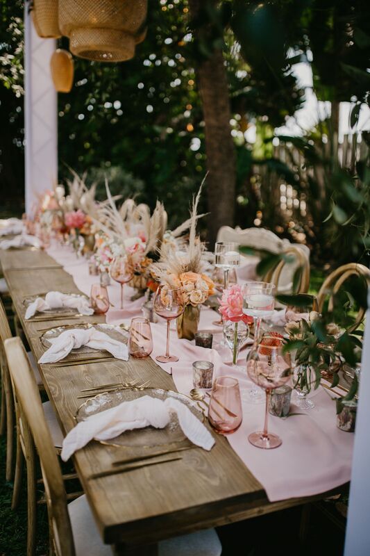 Siesta Key beach-Boho outdoor reception in blush, coral and taupe with gold accents