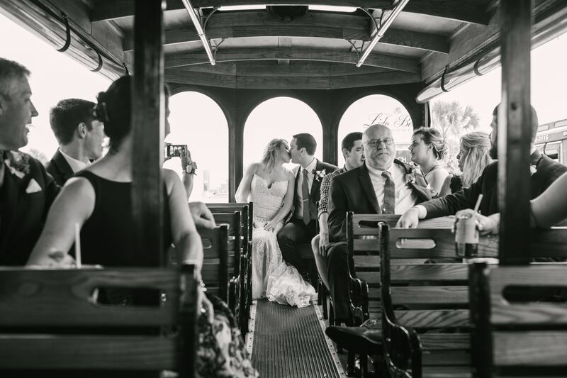 Sarasota wedding – Sarasota wedding planner – Mote Marine Laboratory and Aquarium – Mote Marine wedding- Sarasota luxury wedding planner -  Lido Beach Resort - wedding party on a trolley