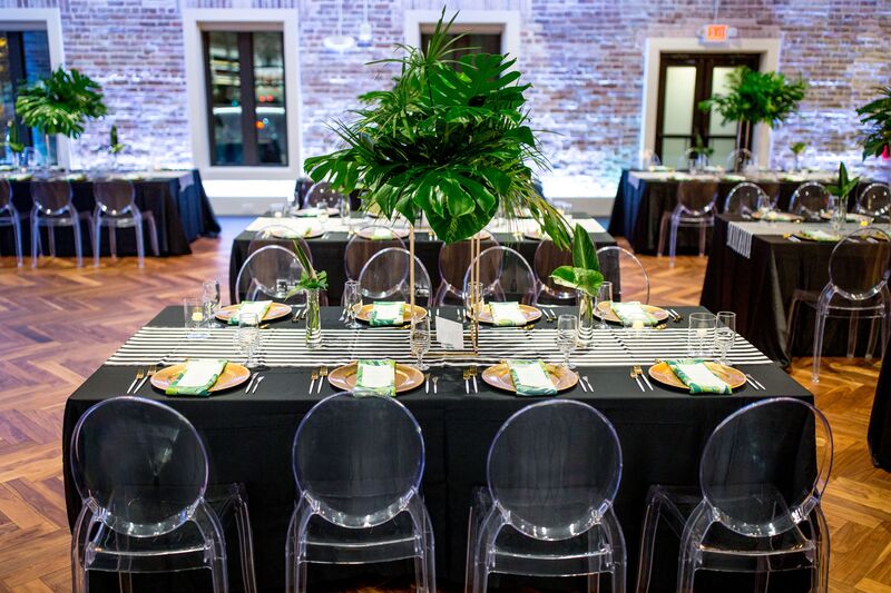 Jennifer Matteo Event Planning  - Pass A Grille wedding – Red Mesa Cantina wedding reception – Tropical wedding – St Petersburg wedding -
tropical wedding decor - modern wedding decor- gold wedding accents - gold charger plates- acrylic ghost chairs - tropical centerpieces