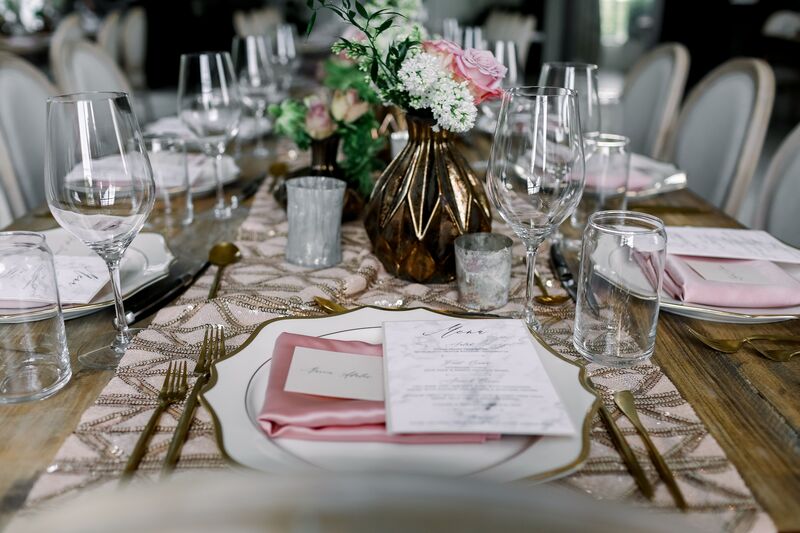 Jennifer Matteo Event Planning – Sarasota Wedding Planner – Sarasota wedding – Sage SRQ – pink and gold wedding – Sarasota root top wedding ceremony- Sarasota intimate wedding - pink table runner with crystal embroidery - custom menu cards - pink satin napkins - pink and white floral centerpieces