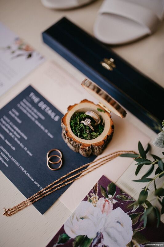 navy blue wedding invitation with rustic wooden ring box