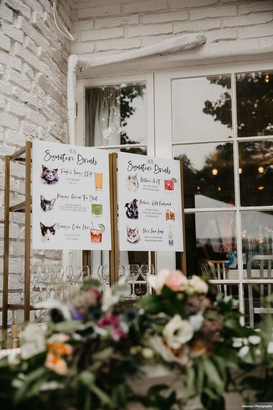 Sign showing a couple's SIX signature drinks for their wedding - each named after one of their pets