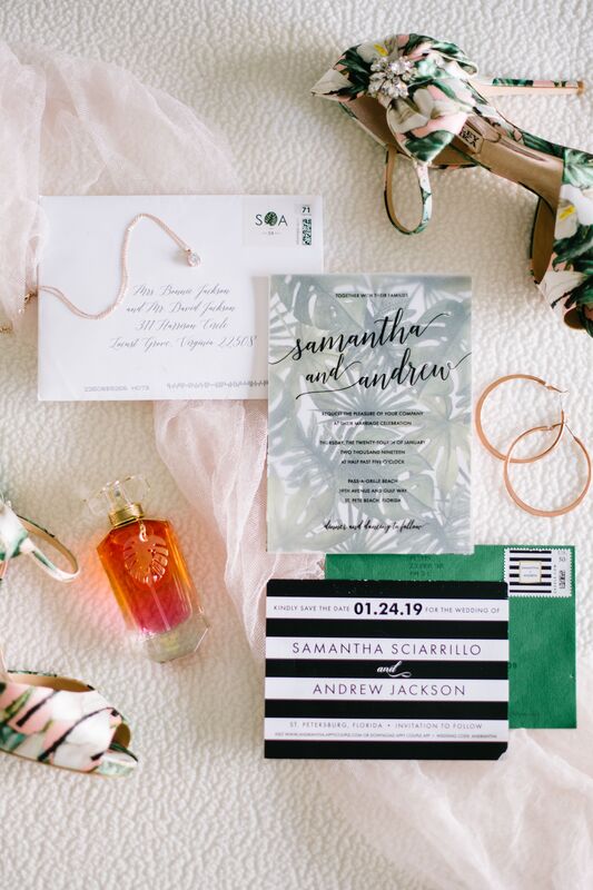 Jennifer Matteo Event Planning  - Pass A Grille wedding – Red Mesa Cantina wedding reception – Tropical wedding – St Petersburg wedding -
tropical wedding decor - modern wedding decor - custom wedding invitations - photograph of brides accessories and wedding invitation