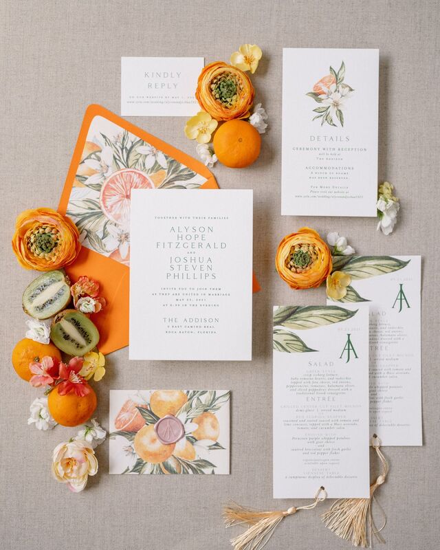 old Florida styled wedding invitations included pops of bright citrus colors