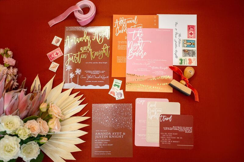 Beautiful boho inspired custom invitation suite in soft beach colors