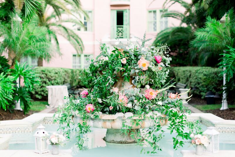 Jennifer Matteo Event Planning -Saint Petersburg wedding – Vinoy wedding - Vinoy fountain  - Vinoy fountain filled with flowers- Vinoy outdoor wedding ceremony 
