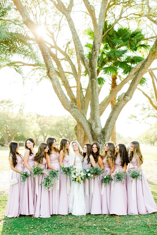 bride with bridal party wearing soft pink bridesmaids dresses