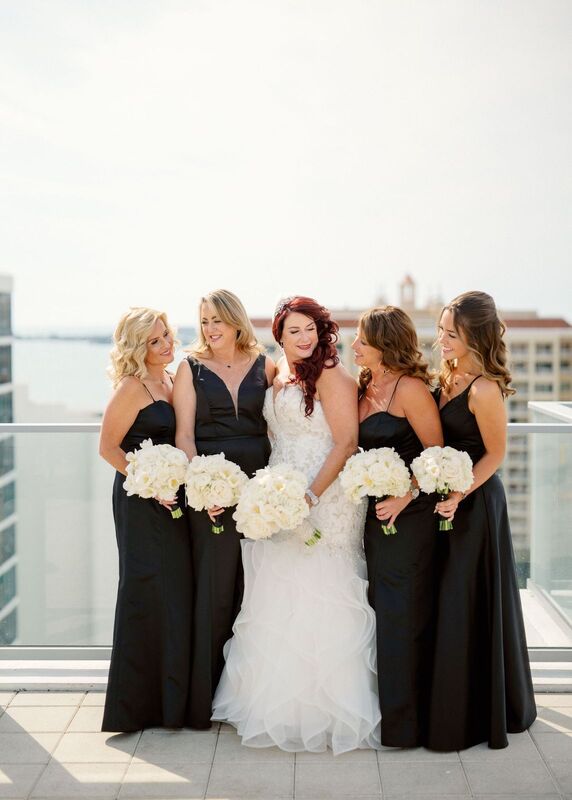 bride and bridal party in black and white 