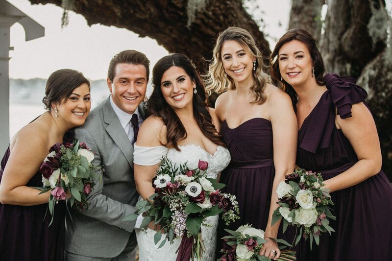 Jennifer Matteo Event Planning – Sarasota Wedding Planner – Palmetto Wedding – Palmetto Riverside Bed and Breakfast – Palmetto Riverside Bed and Breakfast wedding – grey and eggplant wedding décor – bride with wedding party - bride with Man of Honor - Man of Honor