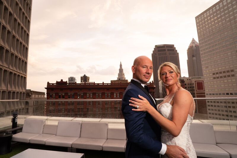 Bride and groom on the rooftop deck at the Metropolitan at the 9 in Cleveland