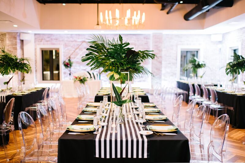 Jennifer Matteo Event Planning  - Pass A Grille wedding – Red Mesa Cantina wedding reception – Tropical wedding – St Petersburg wedding -
tropical wedding decor - modern wedding decor- gold wedding accents - gold charger plates- acrylic ghost chairs - tropical centerpieces