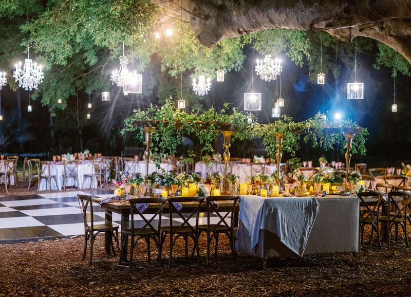 Outdoor wedding reception at Selby Gardens with black and white checked dance floor and hanging chandeliers