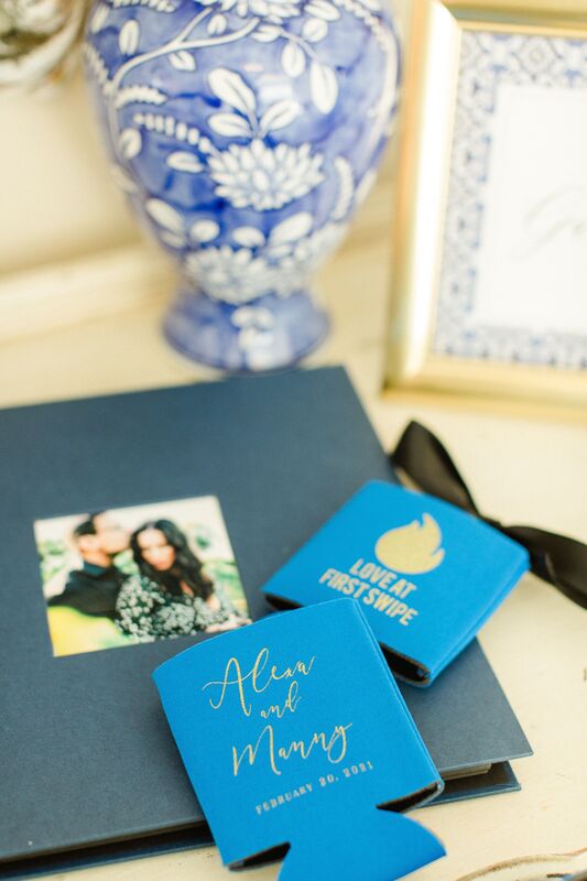wedding guest book with Polaroid photos and custom beer koozies