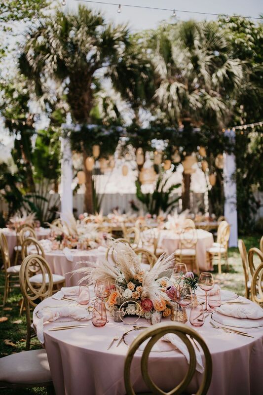 Siesta Key beach-Boho outdoor reception in blush, coral and taupe with gold accents
