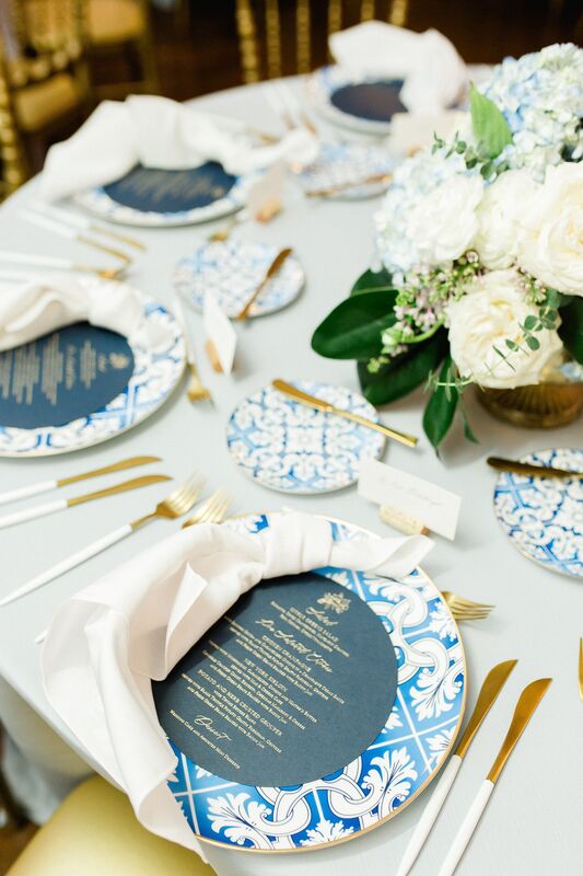beautiful blue and white patterned china at a Tampa wedding reception