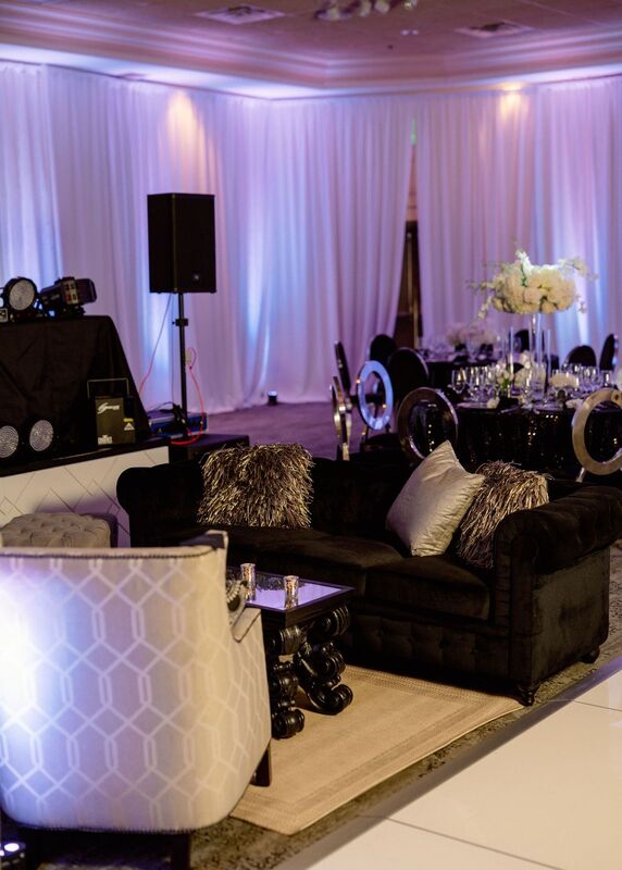 luxurious lounge furniture at a black and white themed Sarasota wedding