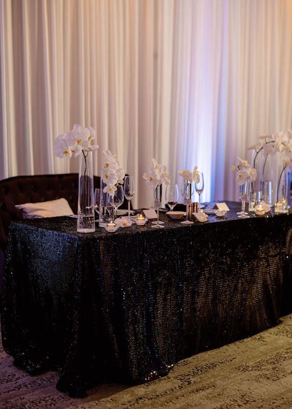 sweetheart table at a Sarasota black and white themed wedding reception