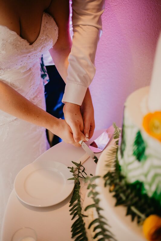 bride and groom cutting their tropical inspired wedding cake by Cakes by Ron 