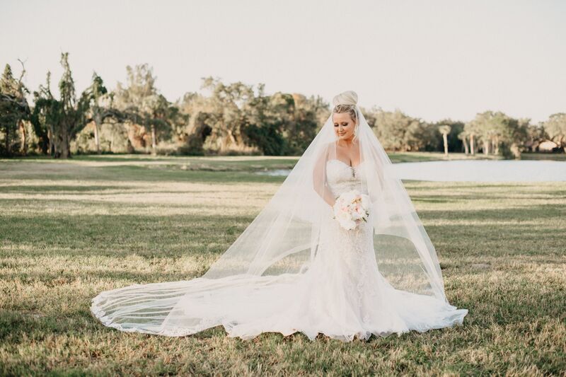 bride standing in a field with a long flowing wedding veil