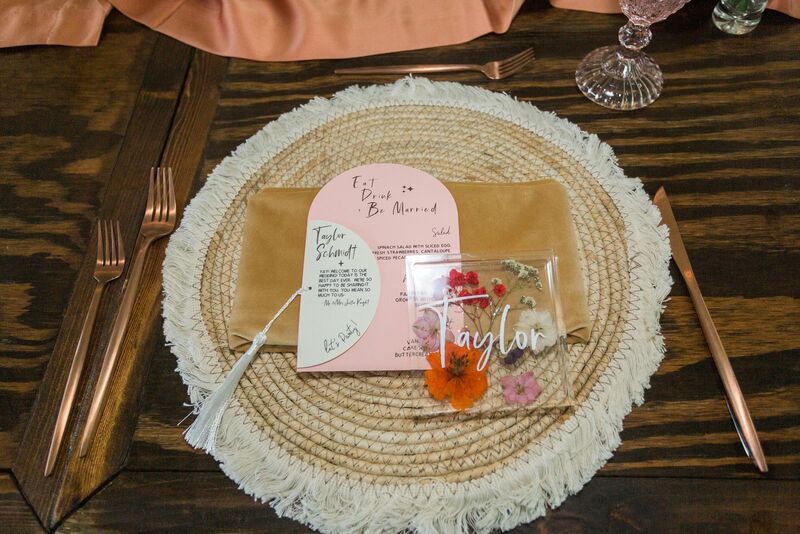 Boho inspired woven charge plate with custom menu and place card
