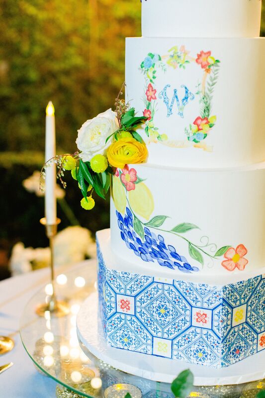 a five tiered wedding cake inspired by Italian tiles and lemons