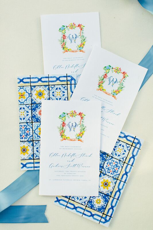Beautiful pink, blue and yellow custom wedding invitations for an Amalfi Coast themed wedding