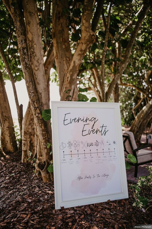 Custom signage showing the Evening Events for a Sunset beach Resort wedding