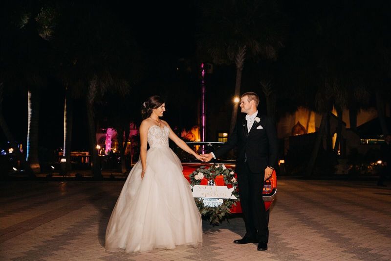 Sarasota Wedding Planner – Sarasota luxury wedding planner – Sarasota wedding – The Ringling -  grand exit - vintage Mustang convertible