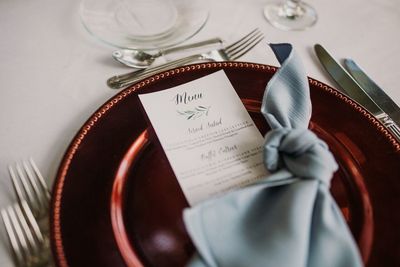 Jennifer Matteo Event Planning – Sarasota Wedding Planner- Selby Garden Wedding -rustic garden wedding -metallic charger plates - custom wedding menu card