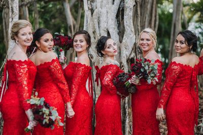 Jennifer Matteo Event Planning – Sarasota Wedding Planner – Florida Luxury Wedding Planner – Ringling Wedding – Sarasota Wedding - bridal party in red dresses